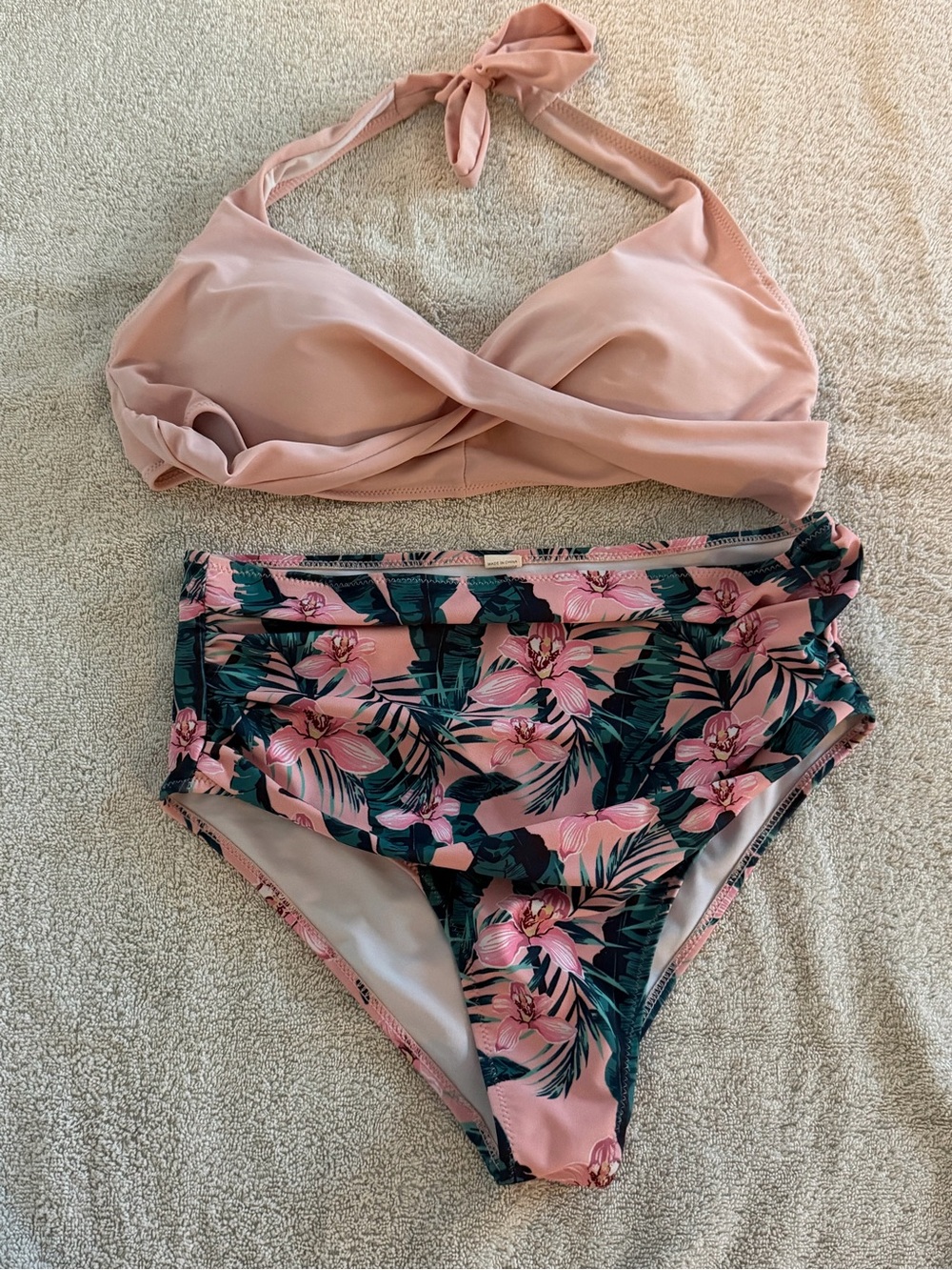 Swimsuits For All Pink Halter Bikini with Tropical Floral High-Waist Bottoms